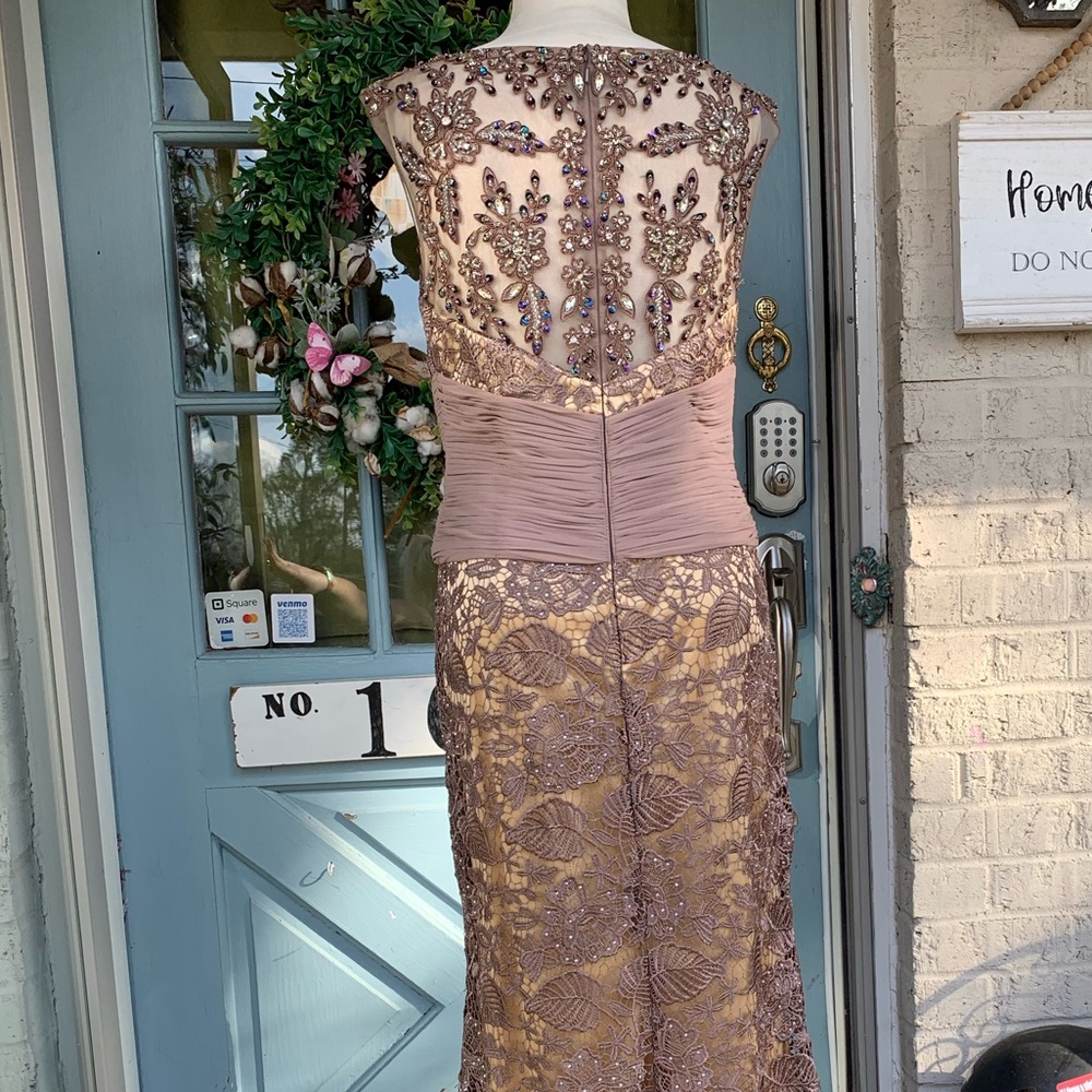 NWOT GLS Apparel Large Beaded Mocha Lace Nude Lined Mermaid Gown Cap Sleeves - Picture 14 of 15
